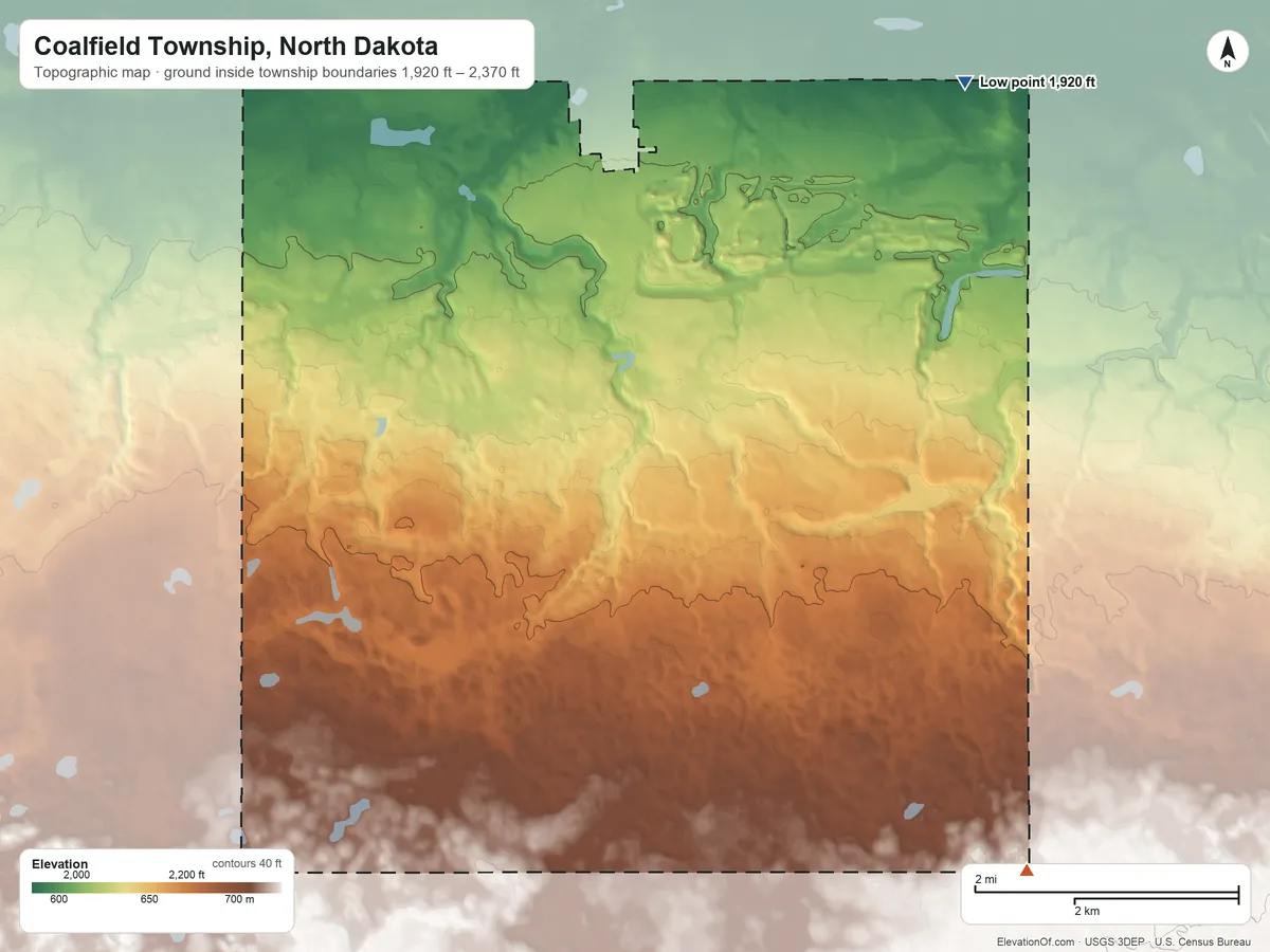 Topographic elevation map of Coalfield Township, North Dakota, shaded from 1,920 ft on the northeast side to 2,370 ft on the southeast side