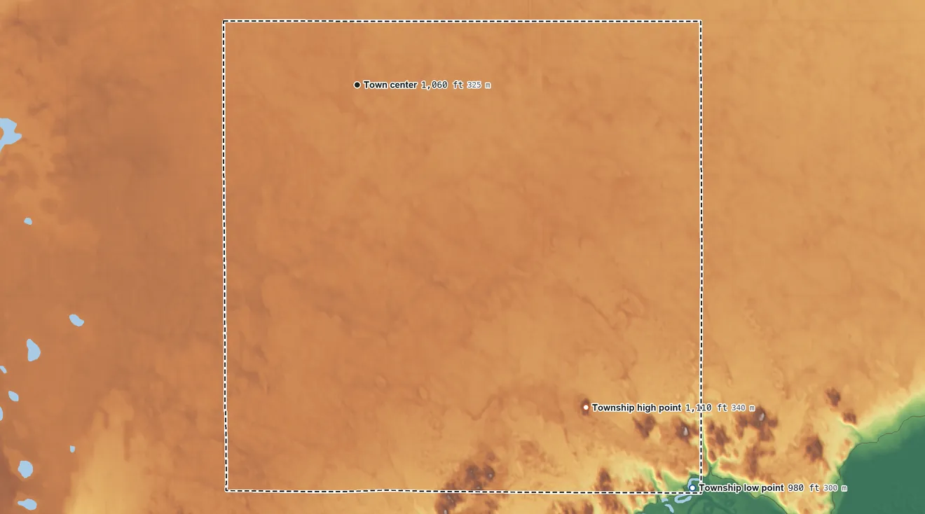 Topographic elevation map of Coburn Township, North Dakota, shaded from 980 ft on the southeast side to 1,110 ft on the southeast side
