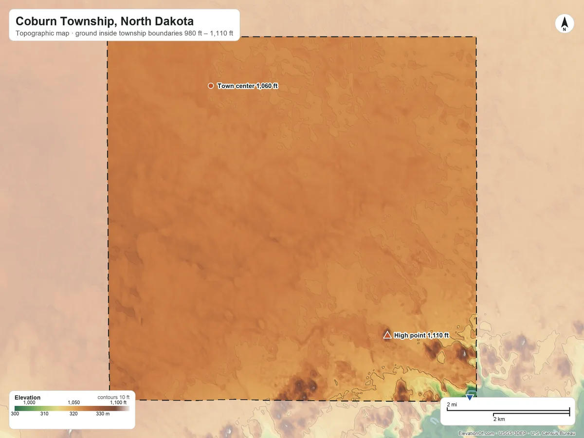 Topographic elevation map of Coburn Township, North Dakota, shaded from 980 ft on the southeast side to 1,110 ft on the southeast side
