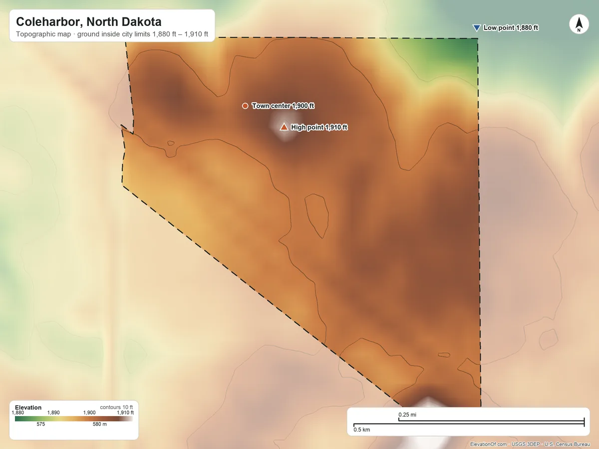 Topographic elevation map of Coleharbor, North Dakota, shaded from 1,880 ft on the east side to 1,910 ft near the middle
