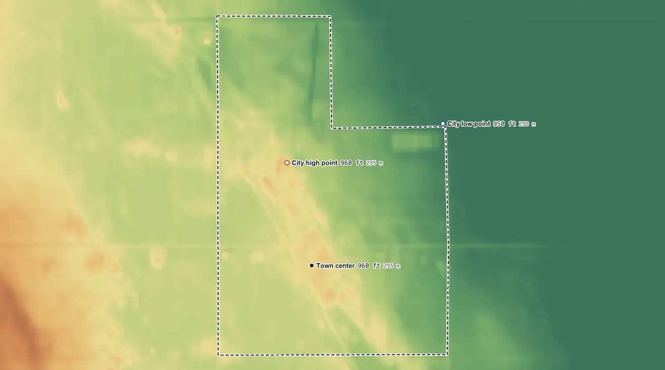 Topographic elevation map of Colfax, North Dakota, shaded from 950 ft on the northeast side to 960 ft on the north side