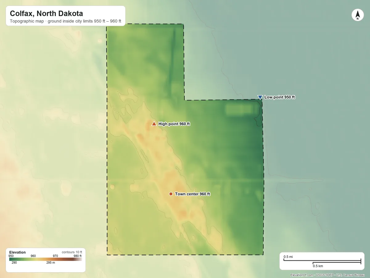 Topographic elevation map of Colfax, North Dakota, shaded from 950 ft on the northeast side to 960 ft on the north side