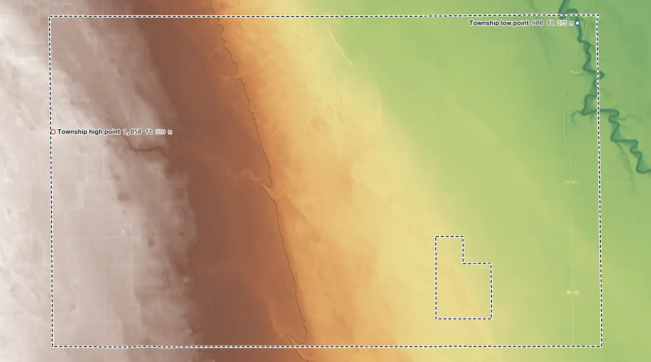 Topographic elevation map of Colfax Township, North Dakota, shaded from 900 ft on the northeast side to 1,050 ft on the west side