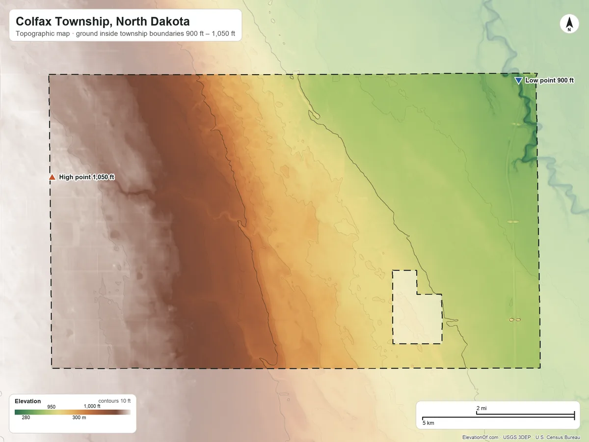 Topographic elevation map of Colfax Township, North Dakota, shaded from 900 ft on the northeast side to 1,050 ft on the west side