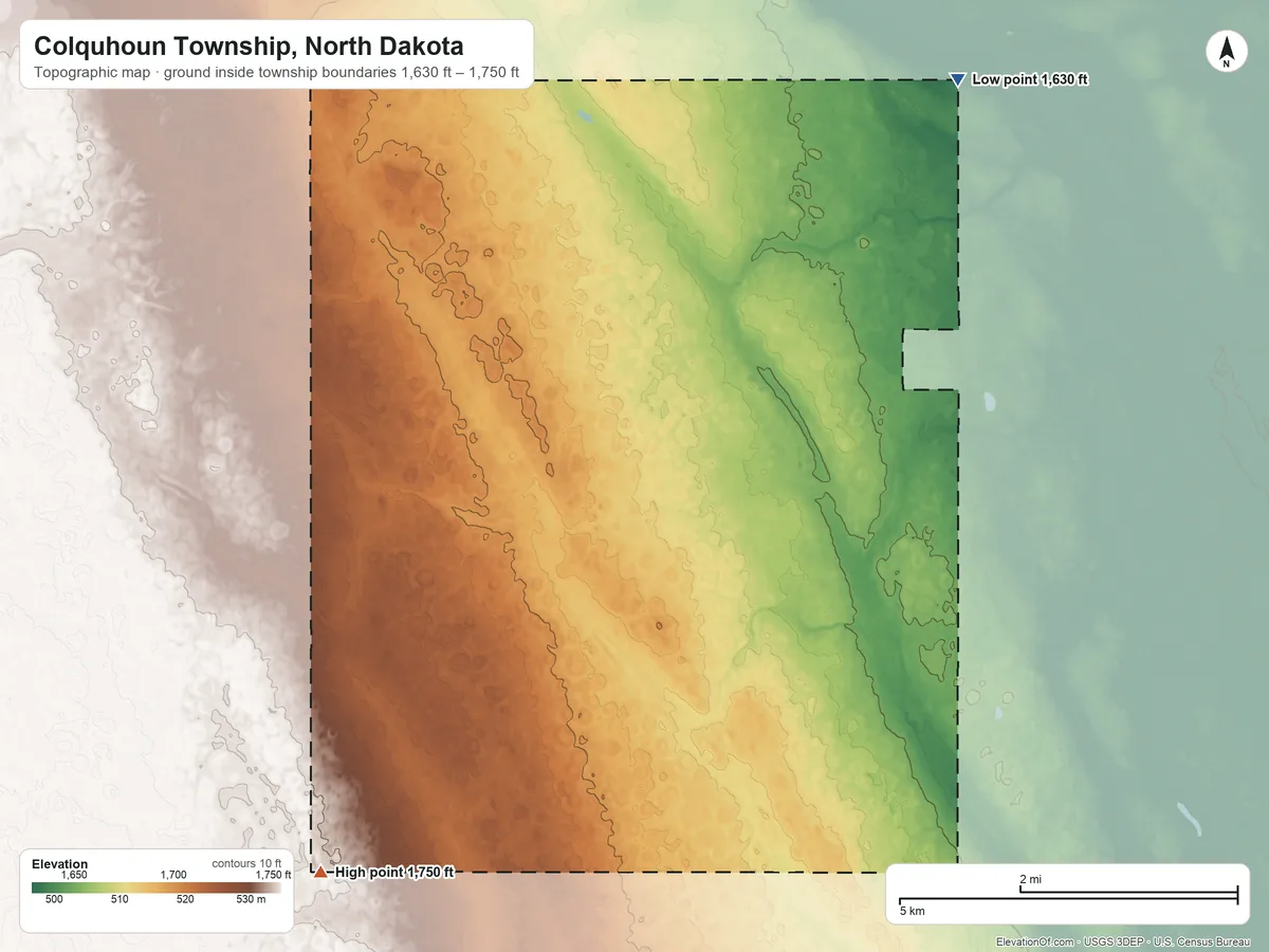 Topographic elevation map of Colquhoun Township, North Dakota, shaded from 1,630 ft on the northeast side to 1,750 ft on the southwest side