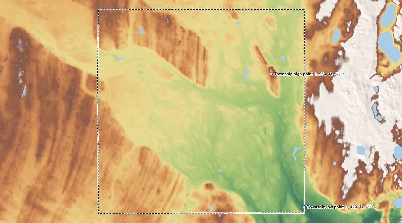Topographic elevation map of Columbia Township, North Dakota, shaded from 1,490 ft on the southeast side to 1,550 ft on the north side