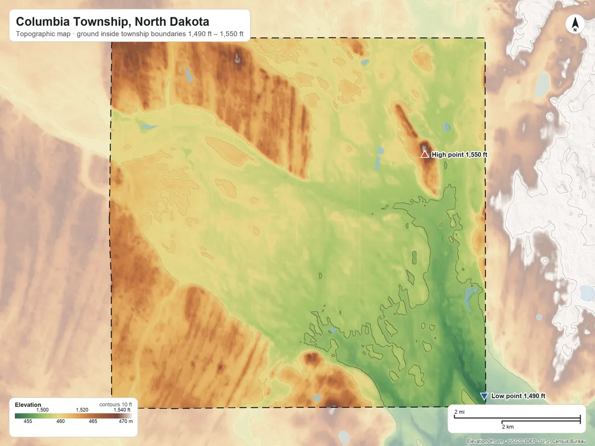 Topographic elevation map of Columbia Township, North Dakota, shaded from 1,490 ft on the southeast side to 1,550 ft on the north side