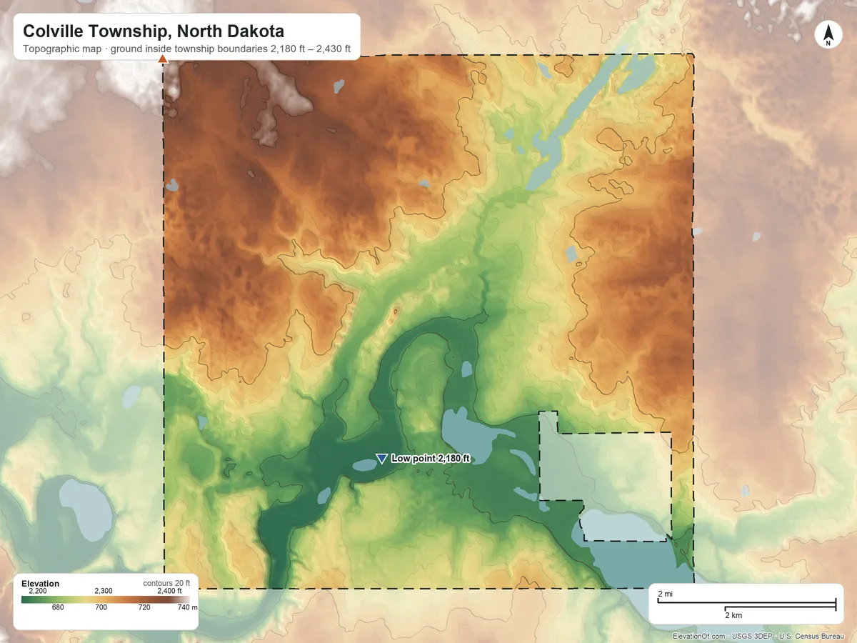 Topographic elevation map of Colville Township, North Dakota, shaded from 2,180 ft on the southwest side to 2,430 ft on the northwest side