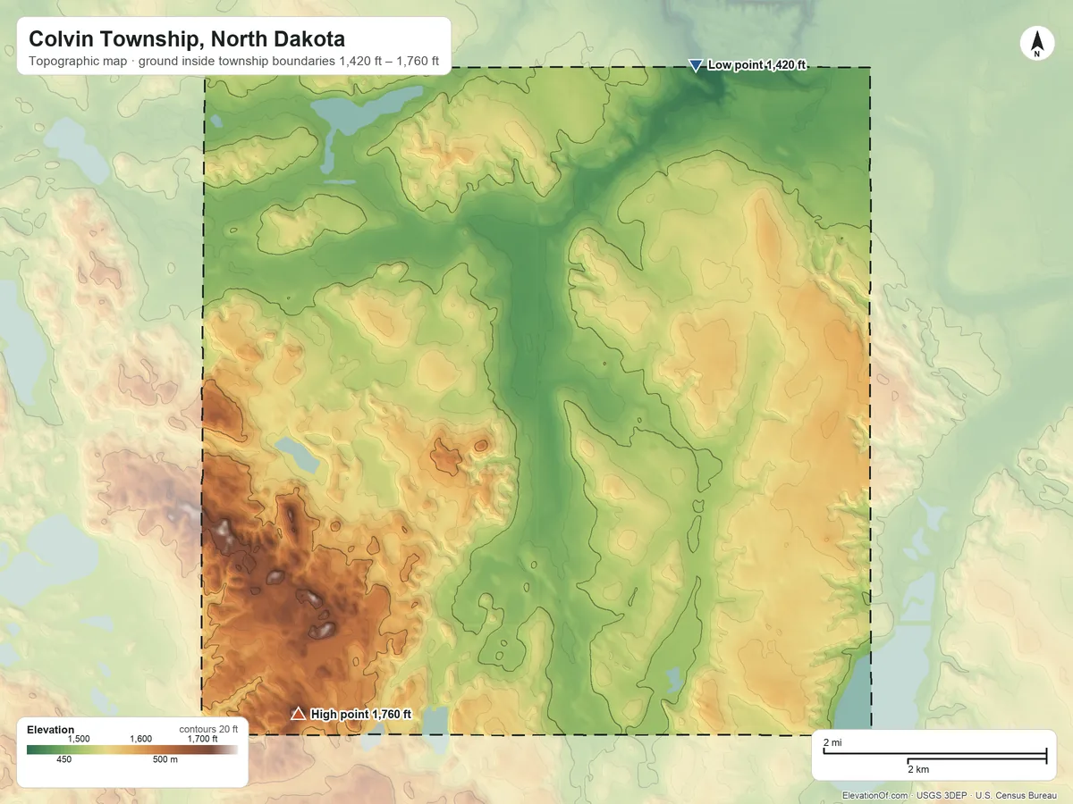 Topographic elevation map of Colvin Township, North Dakota, shaded from 1,420 ft on the north side to 1,760 ft on Devils Thumb