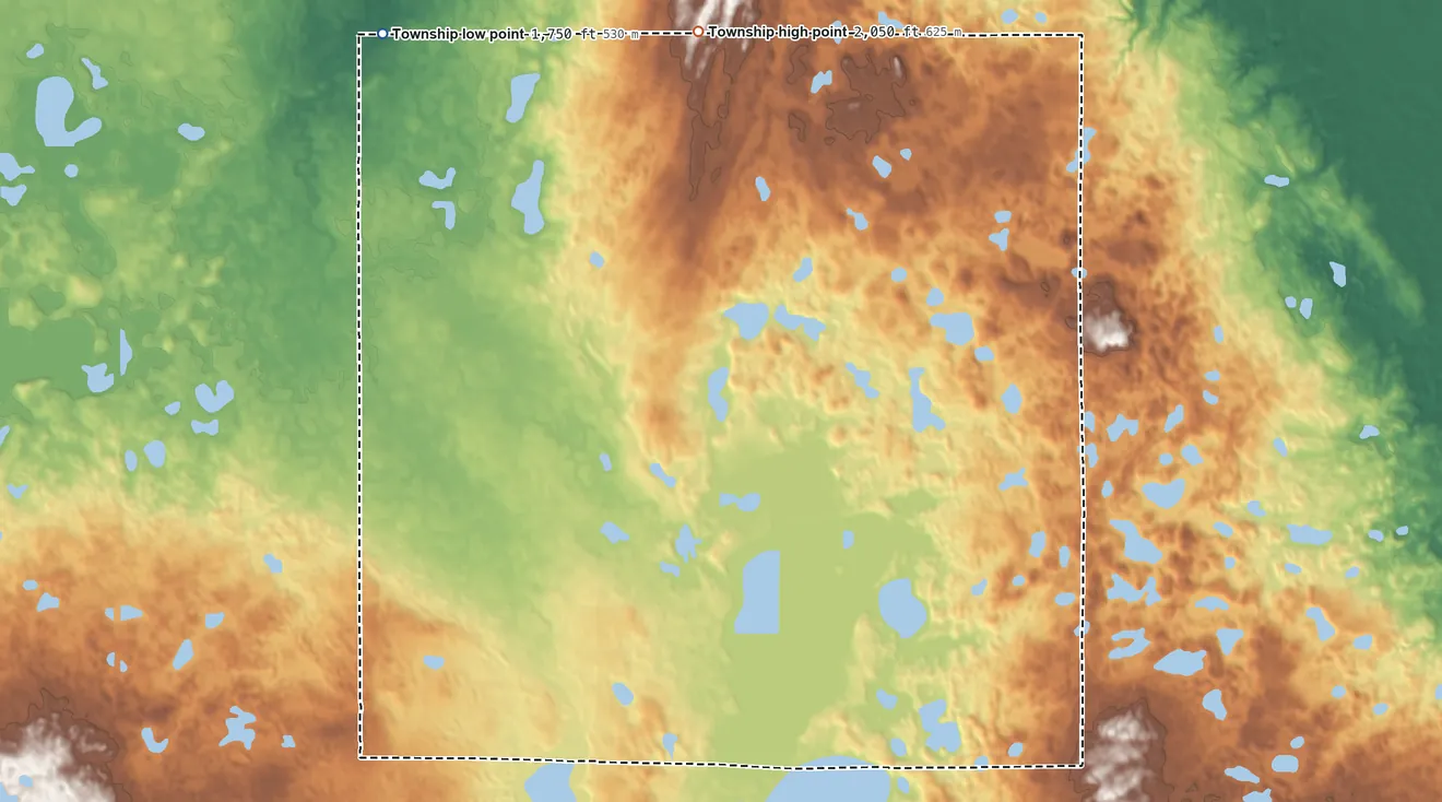 Topographic elevation map of Conklin Township, North Dakota, shaded from 1,750 ft on the north side to 2,050 ft on the north side