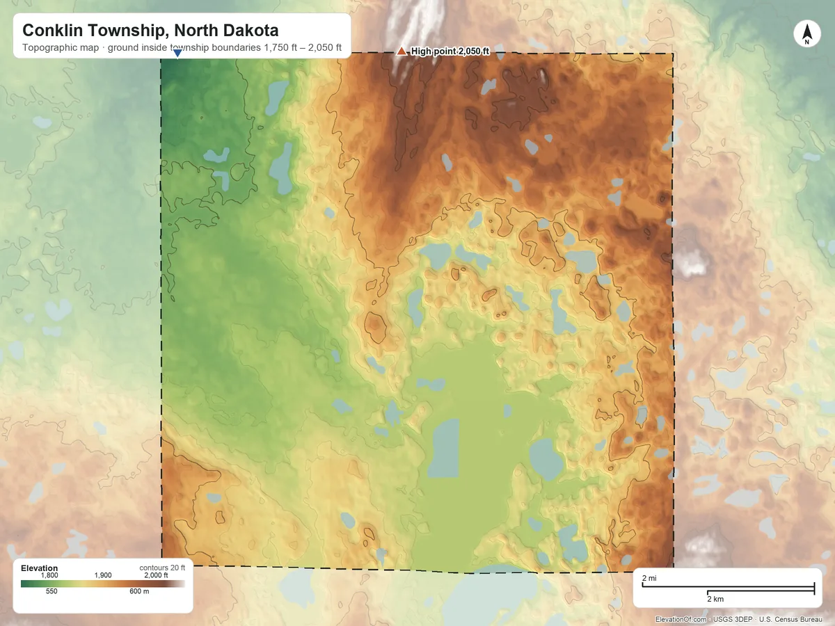 Topographic elevation map of Conklin Township, North Dakota, shaded from 1,750 ft on the north side to 2,050 ft on the north side