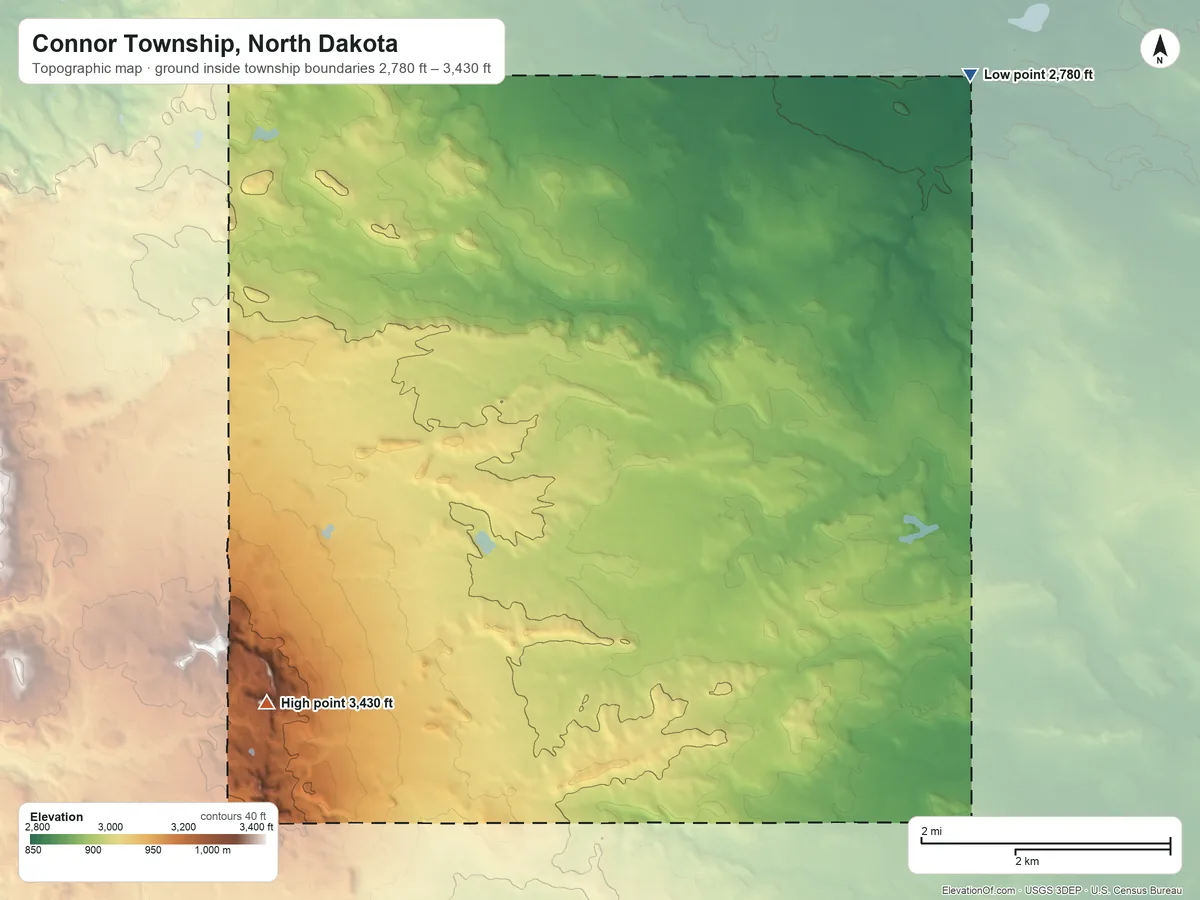 Topographic elevation map of Connor Township, North Dakota, shaded from 2,780 ft on the northeast side to 3,430 ft on the southwest side