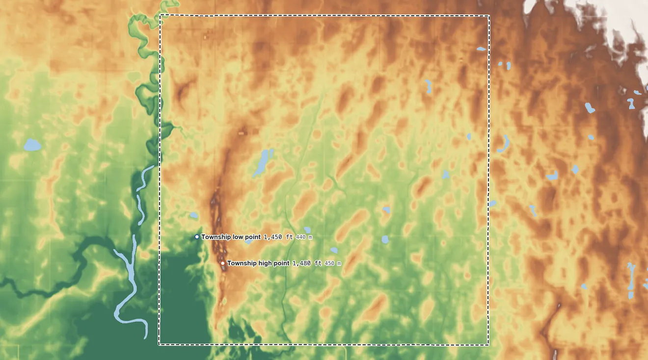 Topographic elevation map of Coolin Township, North Dakota, shaded from 1,450 ft on the west side to 1,480 ft on the southwest side