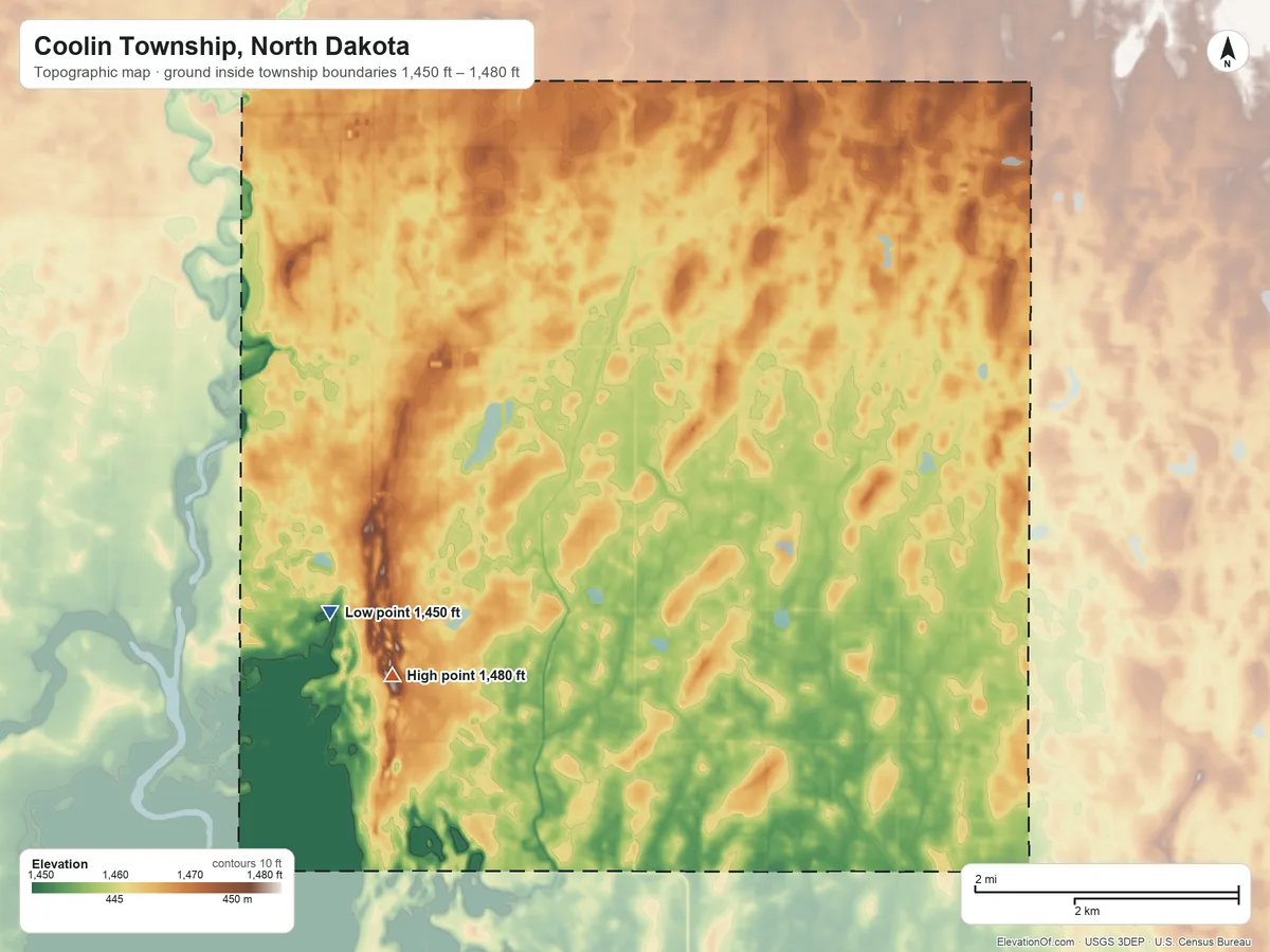 Topographic elevation map of Coolin Township, North Dakota, shaded from 1,450 ft on the west side to 1,480 ft on the southwest side
