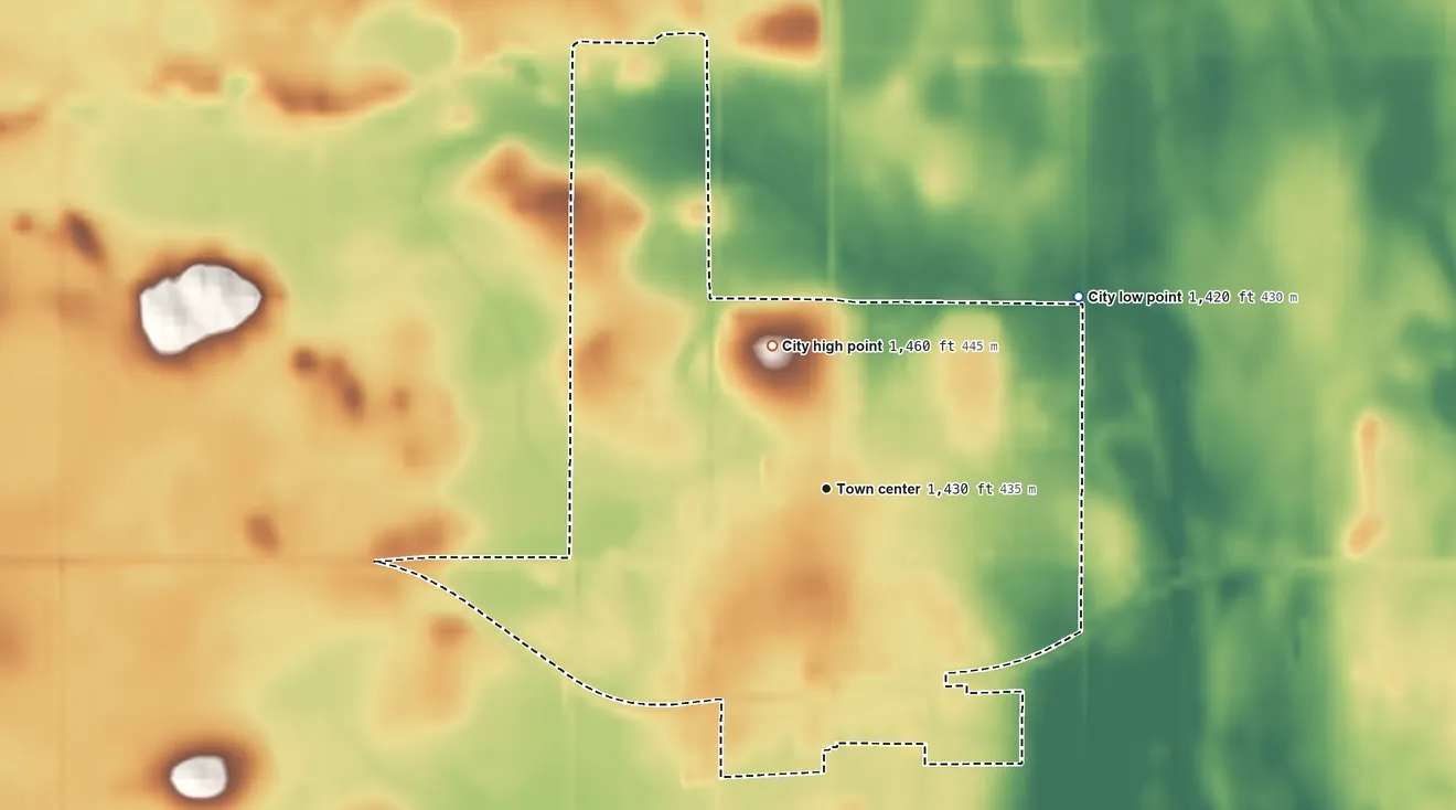 Topographic elevation map of Cooperstown, North Dakota, shaded from 1,420 ft on the northeast side to 1,460 ft on the north side