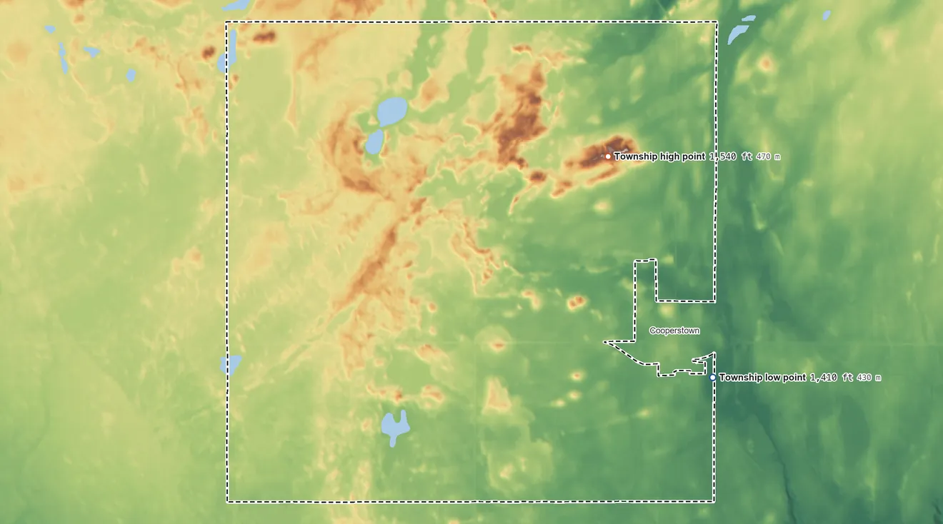 Topographic elevation map of Cooperstown Township, North Dakota, shaded from 1,410 ft on the southeast side to 1,540 ft on the northeast side