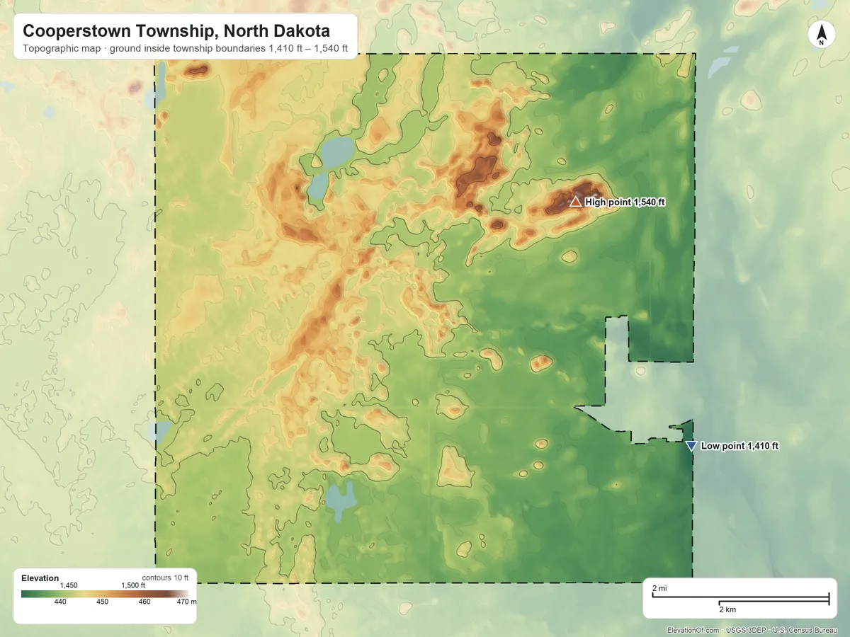 Topographic elevation map of Cooperstown Township, North Dakota, shaded from 1,410 ft on the southeast side to 1,540 ft on the northeast side