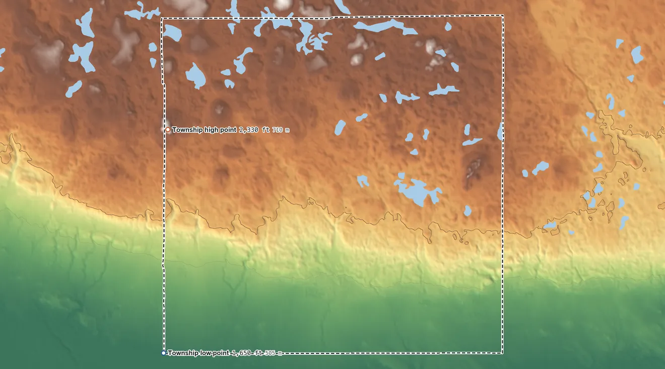 Topographic elevation map of Cordelia Township, North Dakota, shaded from 1,650 ft on the southwest side to 2,330 ft on the northwest side