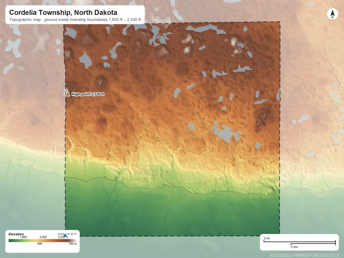 Topographic elevation map of Cordelia Township, North Dakota, shaded from 1,650 ft on the southwest side to 2,330 ft on the northwest side