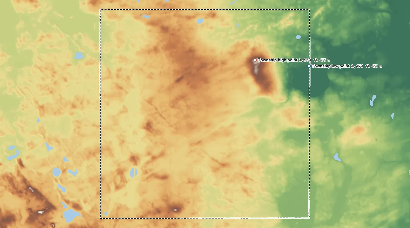 Topographic elevation map of Corinne Township, North Dakota, shaded from 1,470 ft on the east side to 1,560 ft on the northeast side