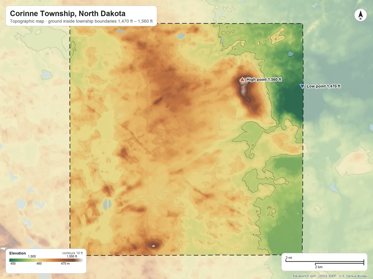 Topographic elevation map of Corinne Township, North Dakota, shaded from 1,470 ft on the east side to 1,560 ft on the northeast side