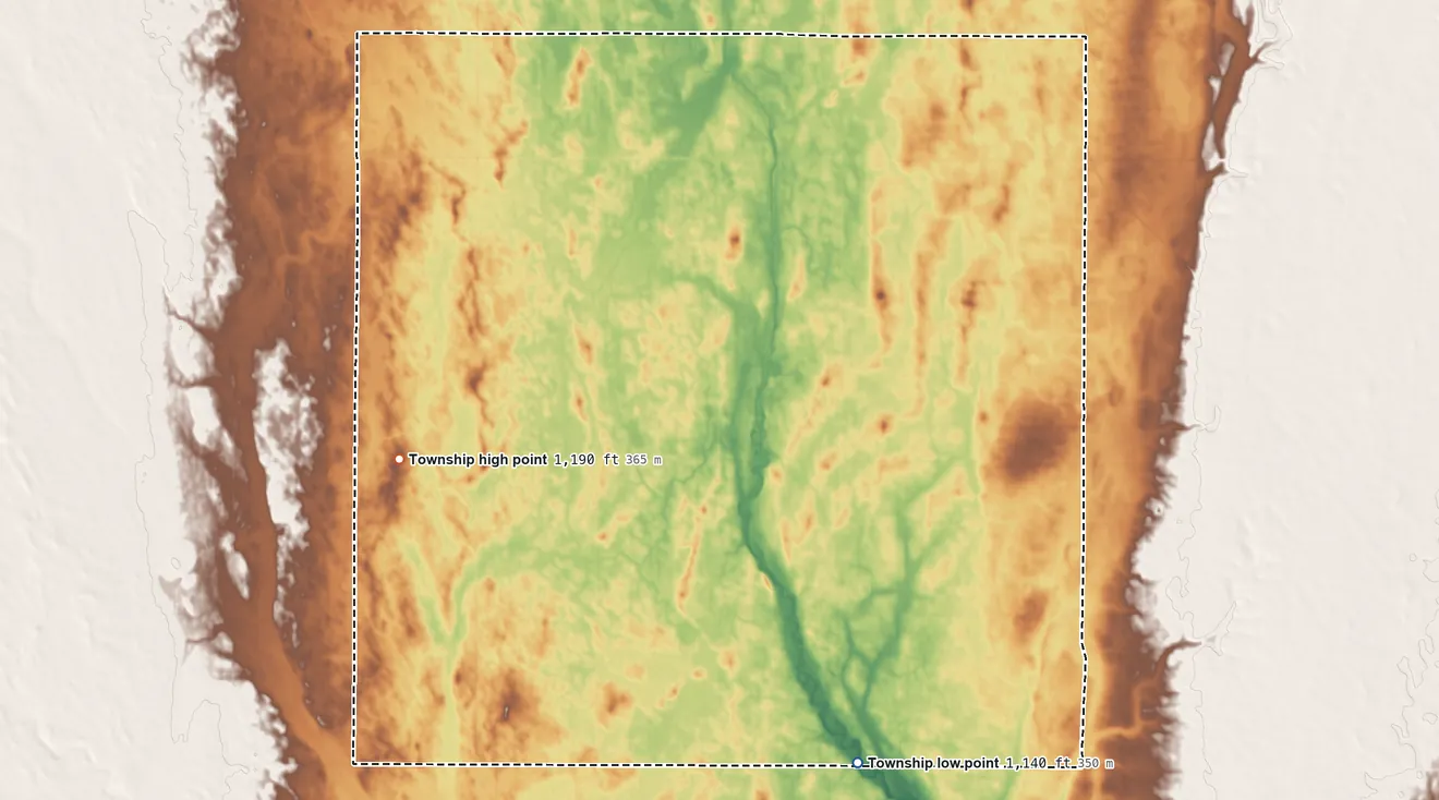 Topographic elevation map of Cornell Township, North Dakota, shaded from 1,140 ft on the south side to 1,190 ft on the west side