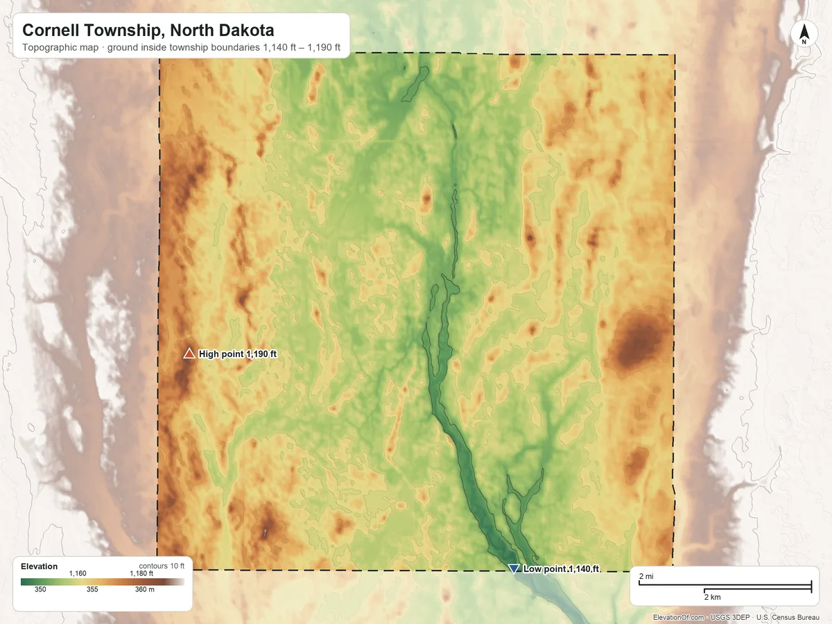 Topographic elevation map of Cornell Township, North Dakota, shaded from 1,140 ft on the south side to 1,190 ft on the west side