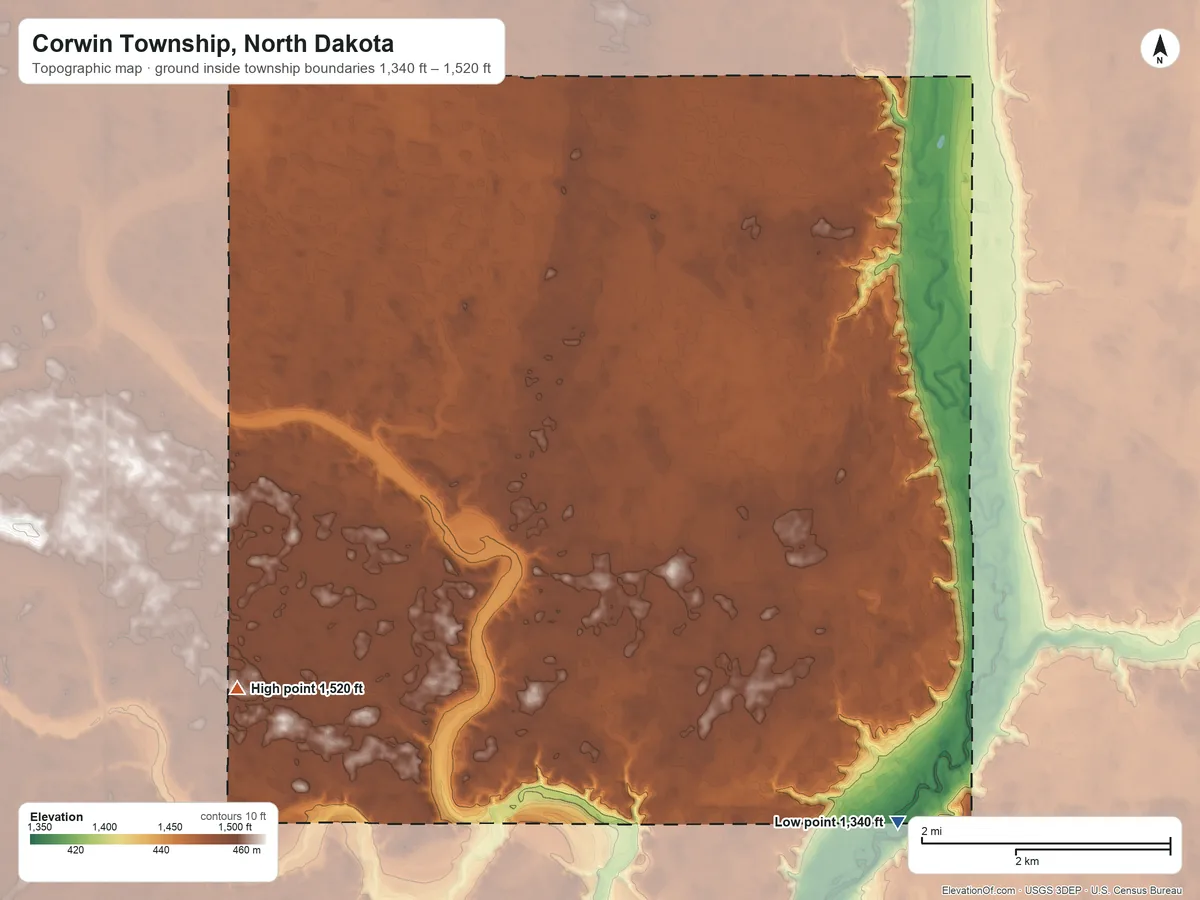 Topographic elevation map of Corwin Township, North Dakota, shaded from 1,340 ft on the south side to 1,520 ft on the southwest side