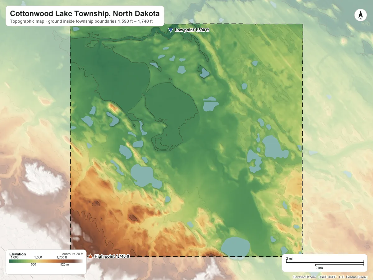 Topographic elevation map of Cottonwood Lake Township, North Dakota, shaded from 1,590 ft on the north side to 1,740 ft on the southwest side