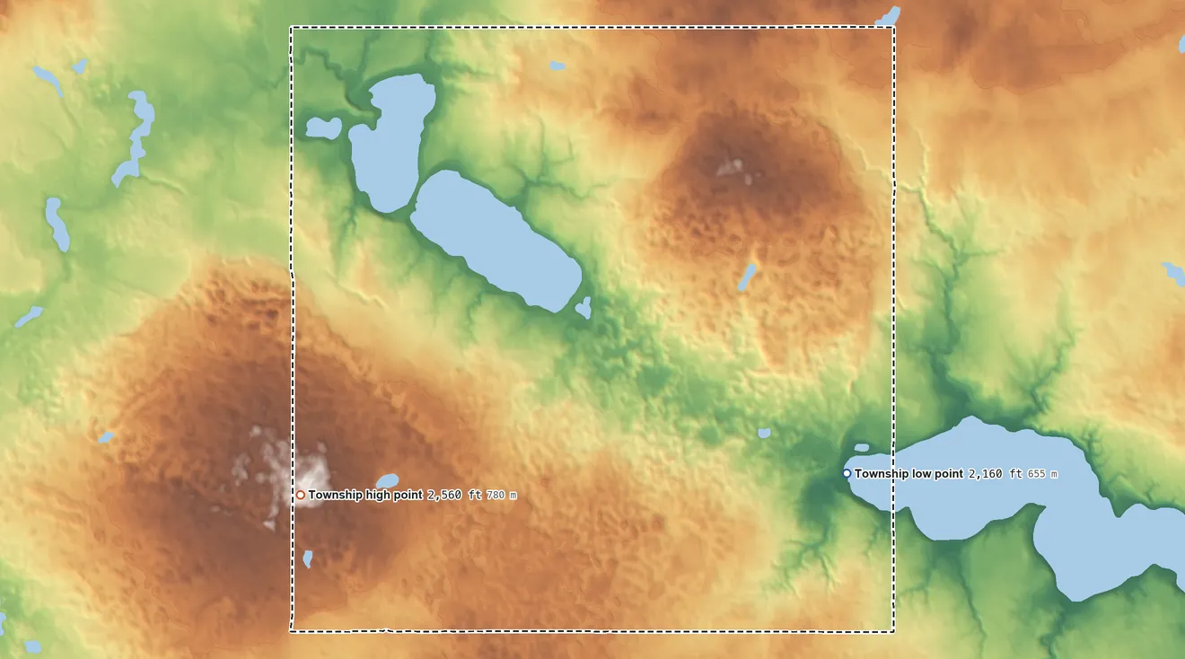 Topographic elevation map of Cottonwood Township, North Dakota, shaded from 2,160 ft on the southeast side to 2,560 ft on the southwest side