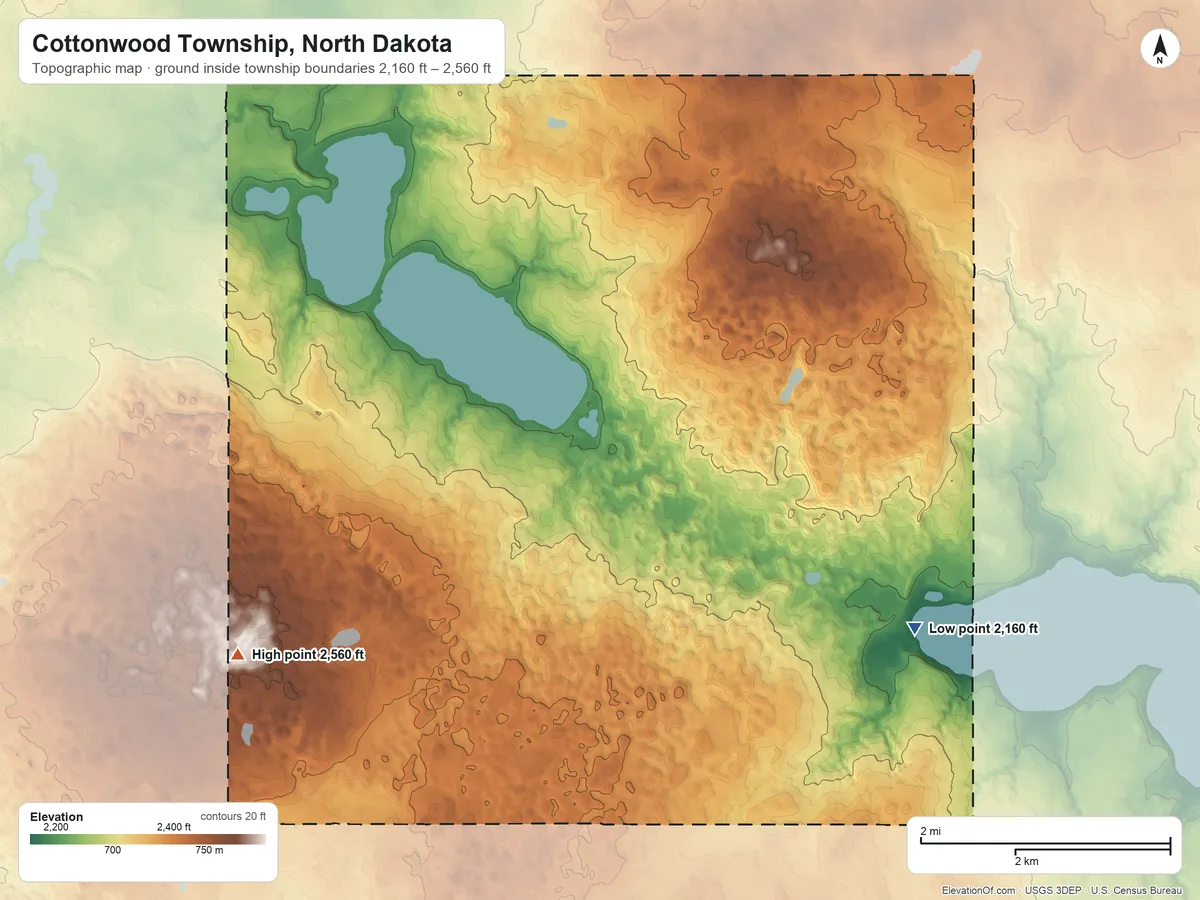 Topographic elevation map of Cottonwood Township, North Dakota, shaded from 2,160 ft on the southeast side to 2,560 ft on the southwest side