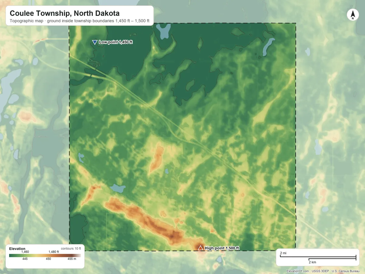 Topographic elevation map of Coulee Township, North Dakota, shaded from 1,450 ft on the northwest side to 1,500 ft on the south side