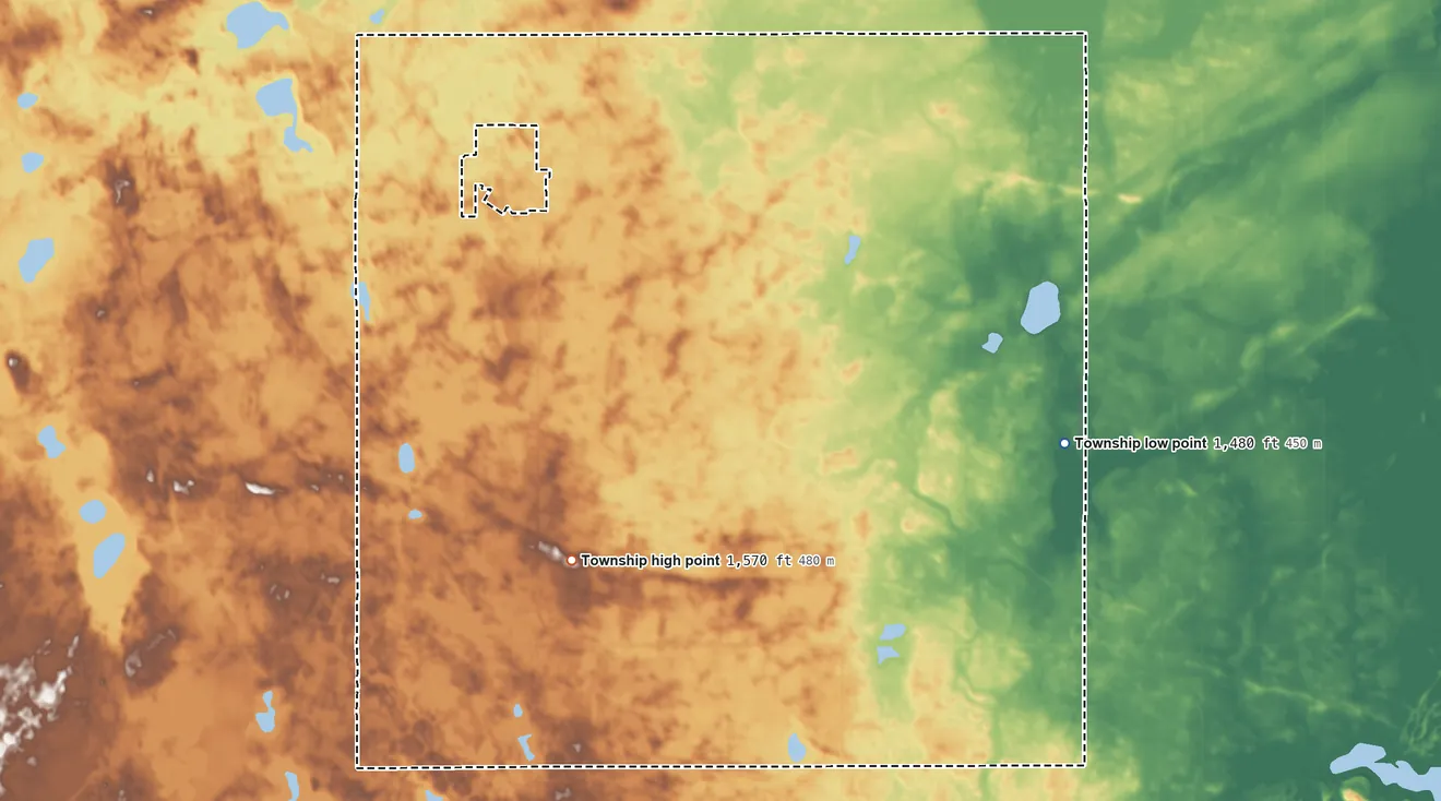 Topographic elevation map of Courtenay Township, North Dakota, shaded from 1,480 ft on the east side to 1,570 ft on the south side