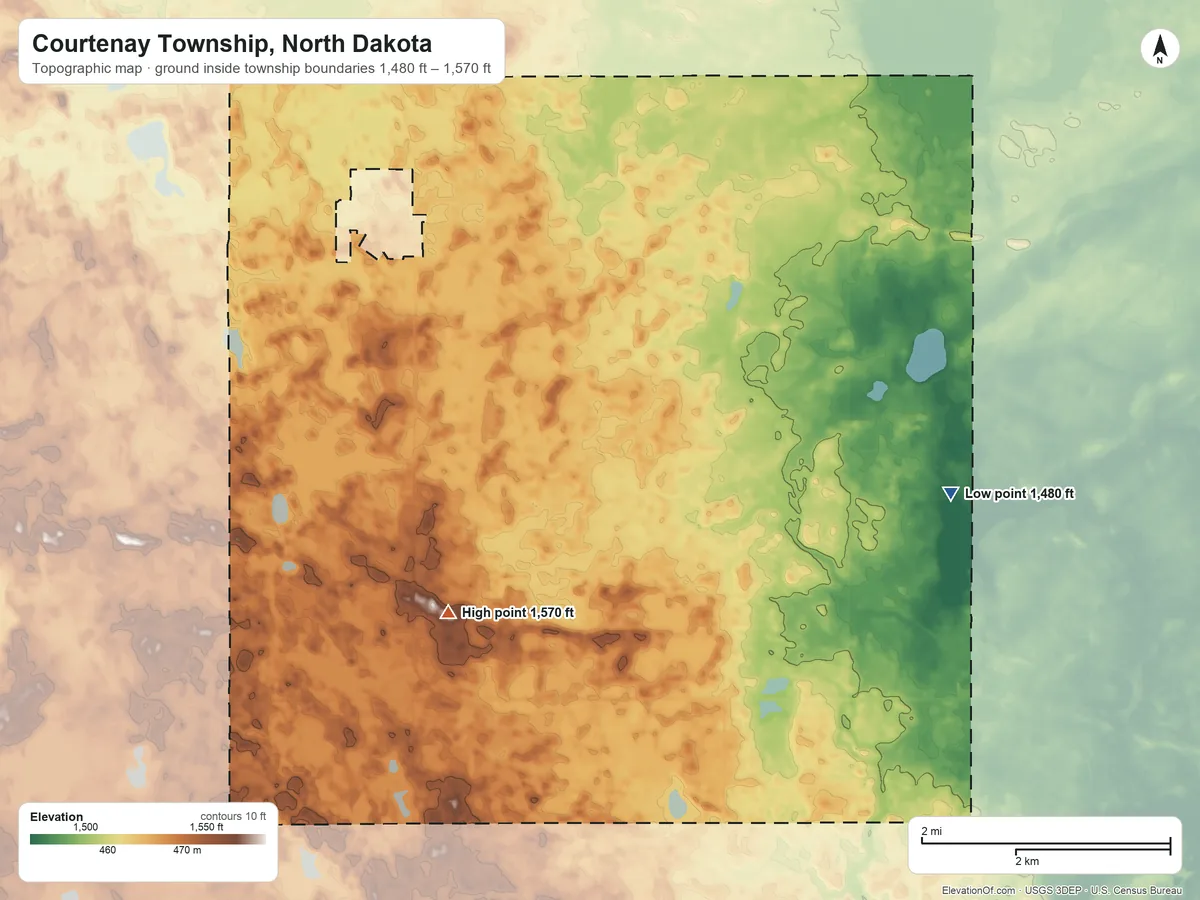 Topographic elevation map of Courtenay Township, North Dakota, shaded from 1,480 ft on the east side to 1,570 ft on the south side