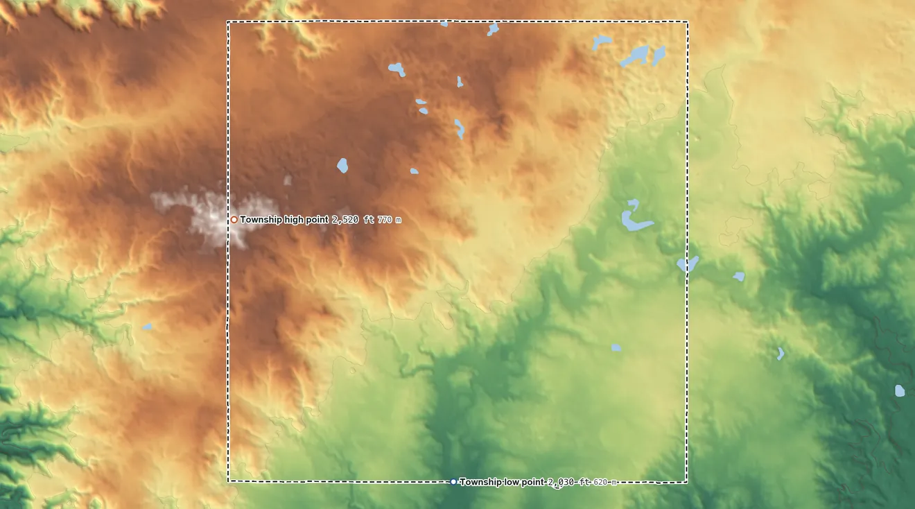 Topographic elevation map of Crane Creek Township, North Dakota, shaded from 2,030 ft on the south side to 2,520 ft on the west side