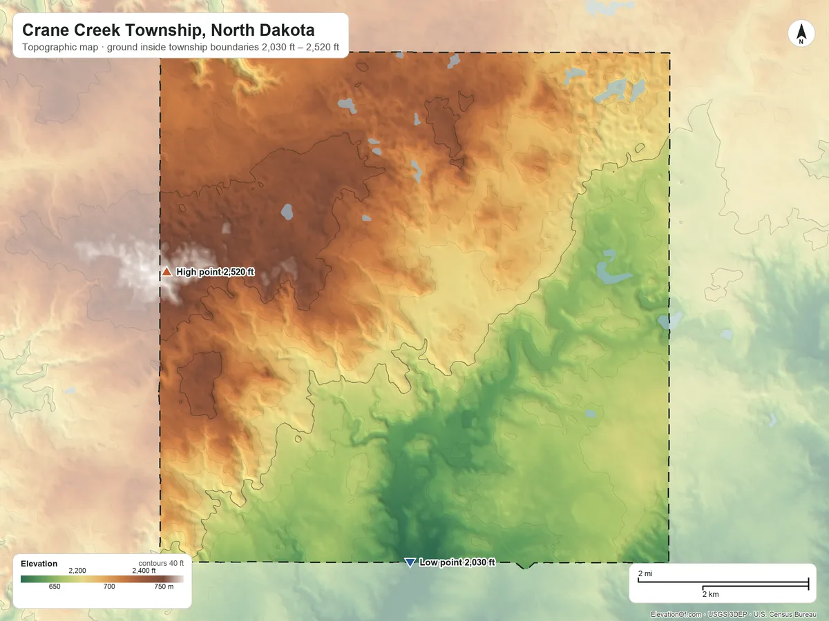 Topographic elevation map of Crane Creek Township, North Dakota, shaded from 2,030 ft on the south side to 2,520 ft on the west side