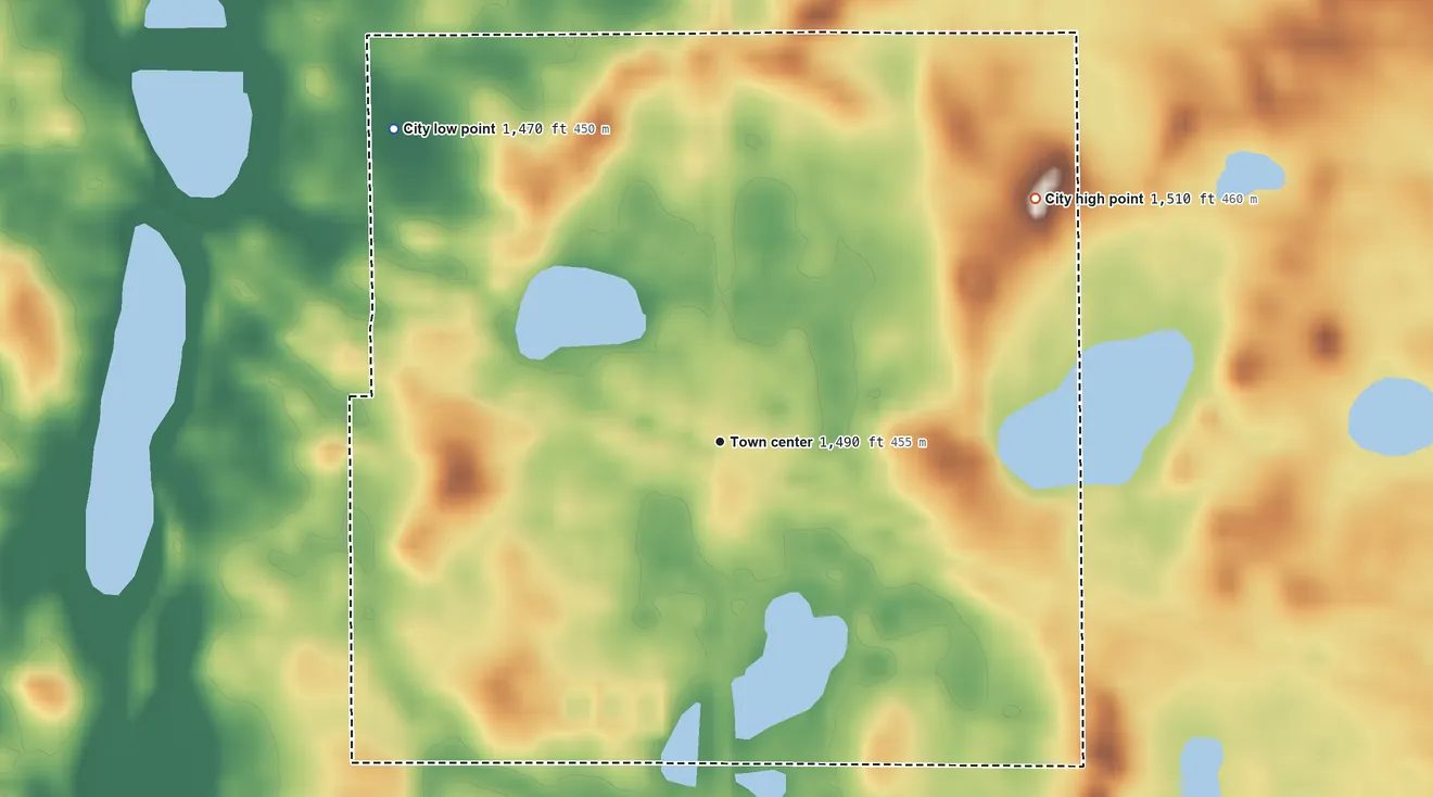Topographic elevation map of Crary, North Dakota, shaded from 1,470 ft on the northwest side to 1,510 ft on the northeast side