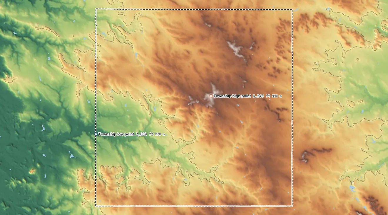 Topographic elevation map of Crawford Township, North Dakota, shaded from 2,860 ft on the southwest side to 3,240 ft on the east side