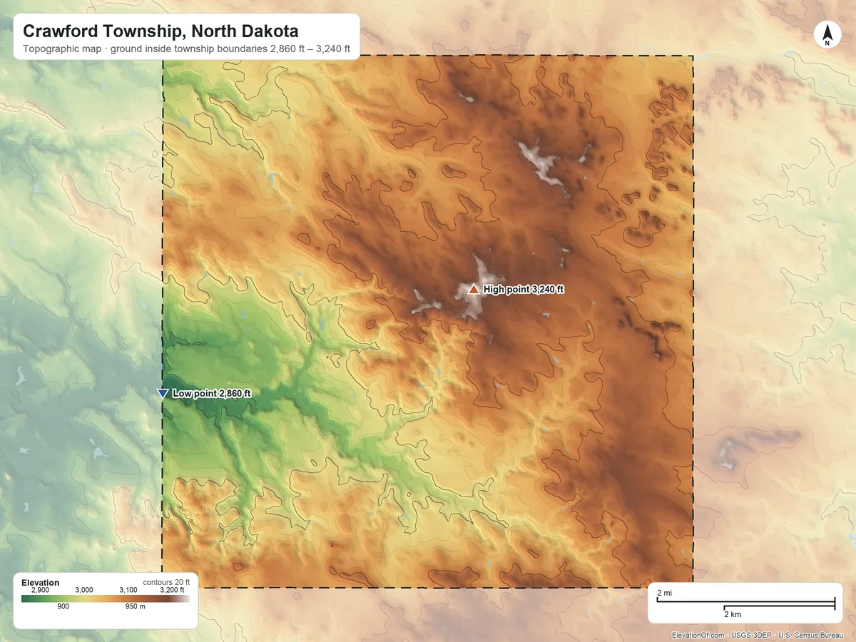 Topographic elevation map of Crawford Township, North Dakota, shaded from 2,860 ft on the southwest side to 3,240 ft on the east side