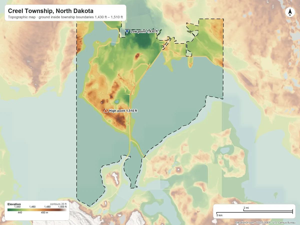 Topographic elevation map of Creel Township, North Dakota, shaded from 1,430 ft on the northeast side to 1,510 ft on the south side