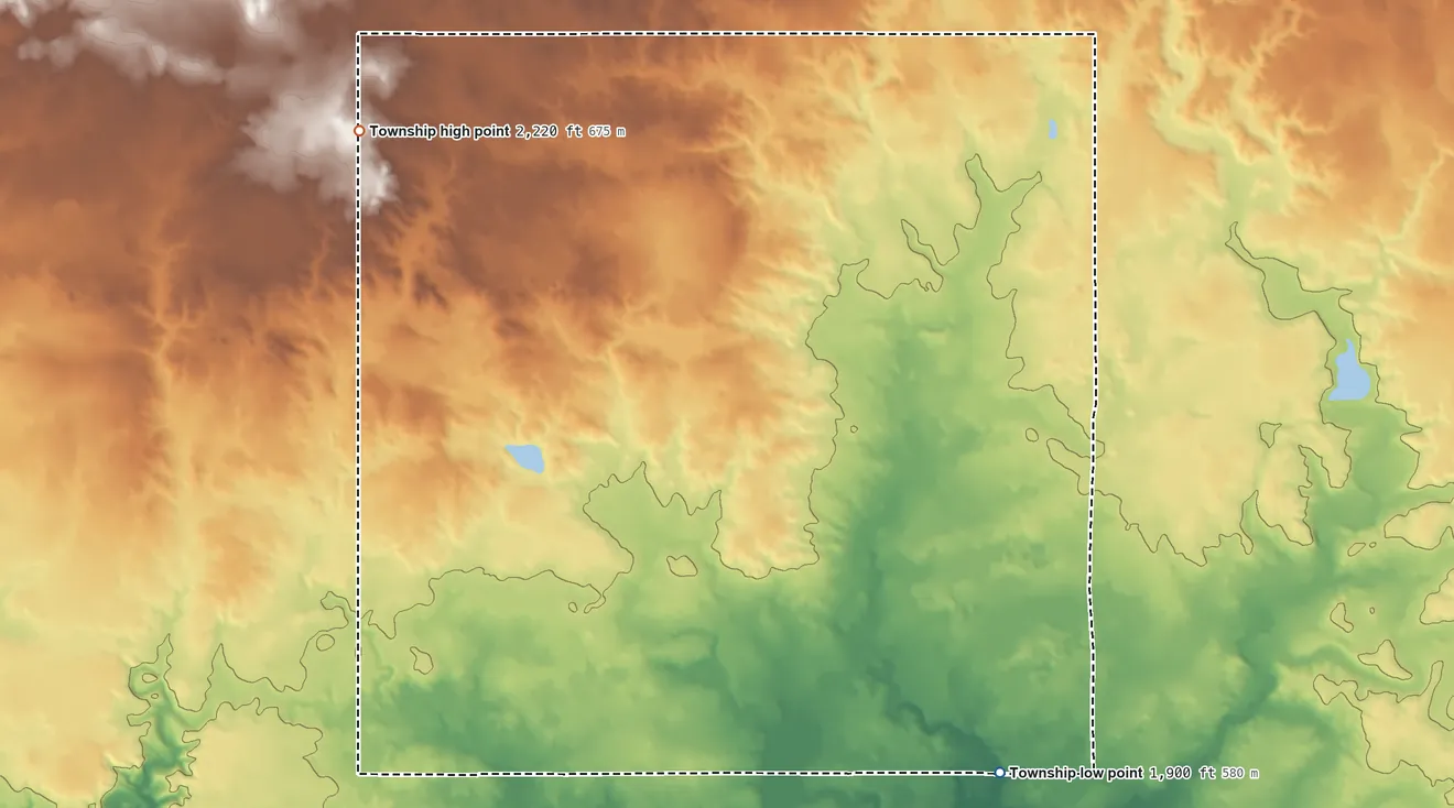 Topographic elevation map of Cremerville Township, North Dakota, shaded from 1,900 ft on the south side to 2,220 ft on the west side