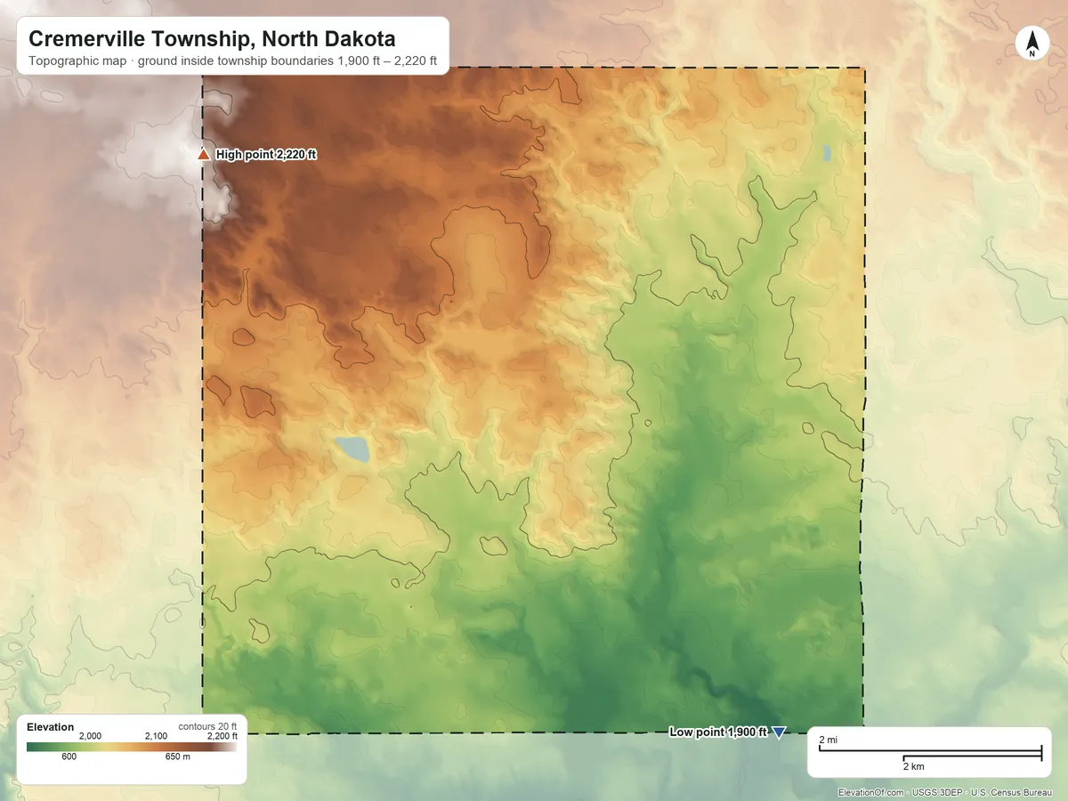 Topographic elevation map of Cremerville Township, North Dakota, shaded from 1,900 ft on the south side to 2,220 ft on the west side