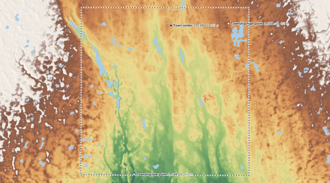 Topographic elevation map of Crocus Township, North Dakota, shaded from 1,500 ft on the south side to 1,560 ft on the east side