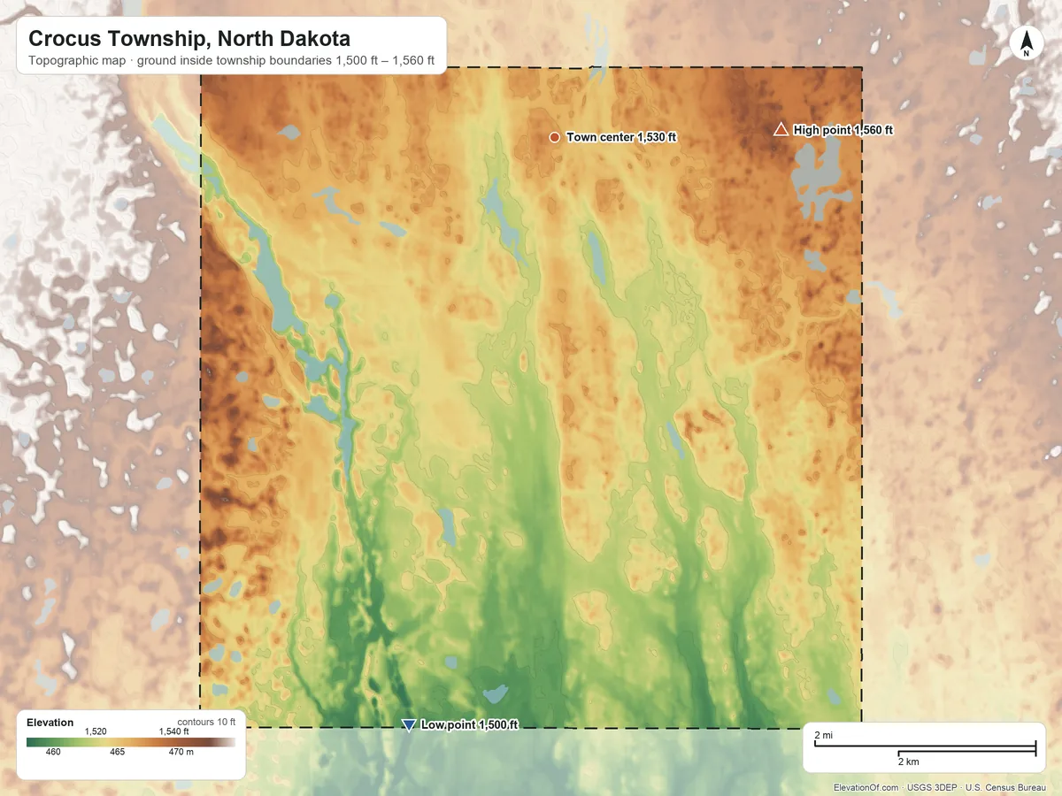 Topographic elevation map of Crocus Township, North Dakota, shaded from 1,500 ft on the south side to 1,560 ft on the east side