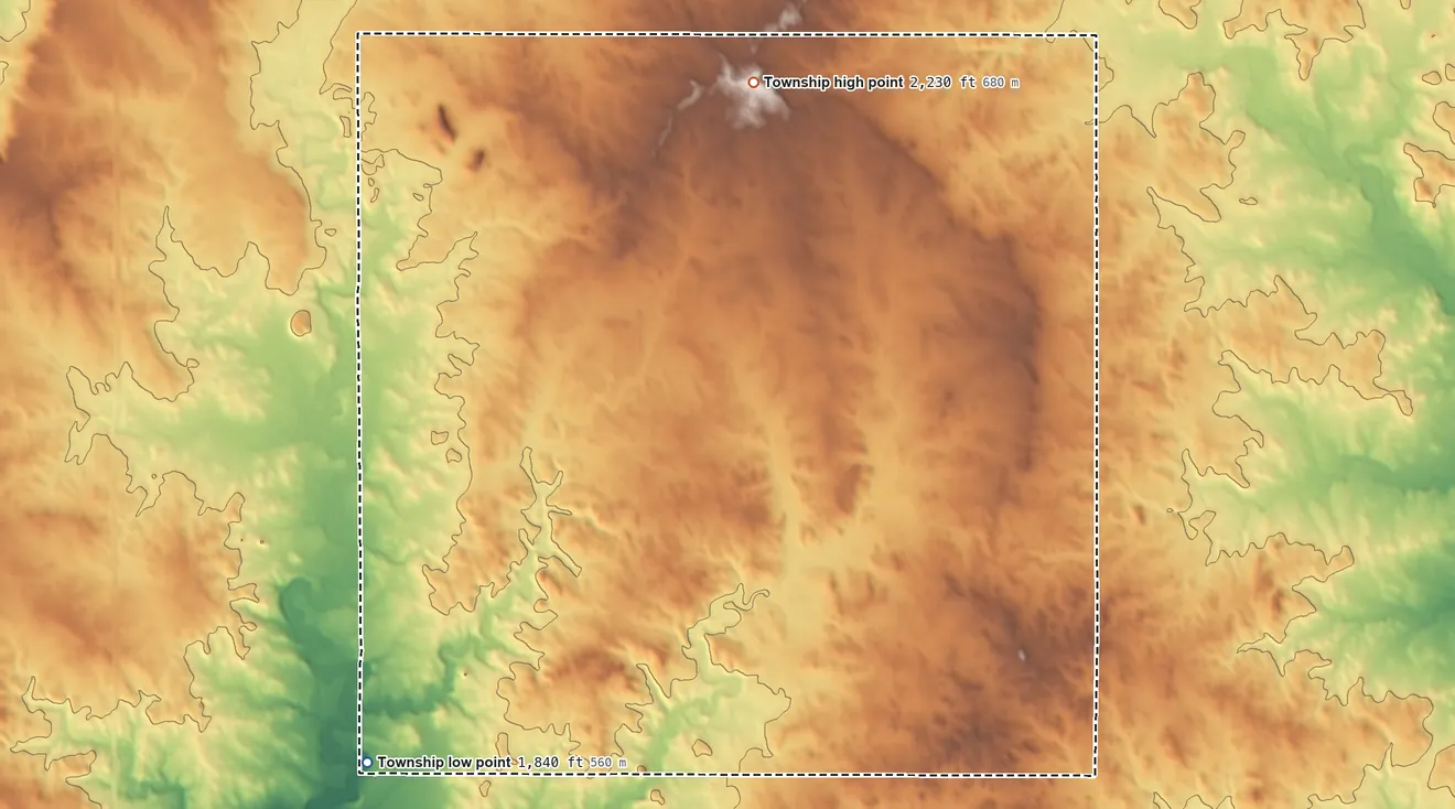 Topographic elevation map of Crofte Township, North Dakota, shaded from 1,840 ft on the southwest side to 2,230 ft on the northeast side