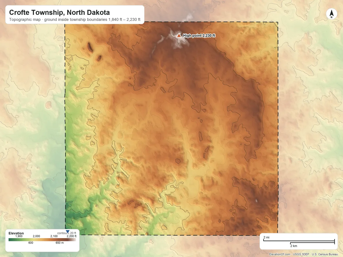Topographic elevation map of Crofte Township, North Dakota, shaded from 1,840 ft on the southwest side to 2,230 ft on the northeast side