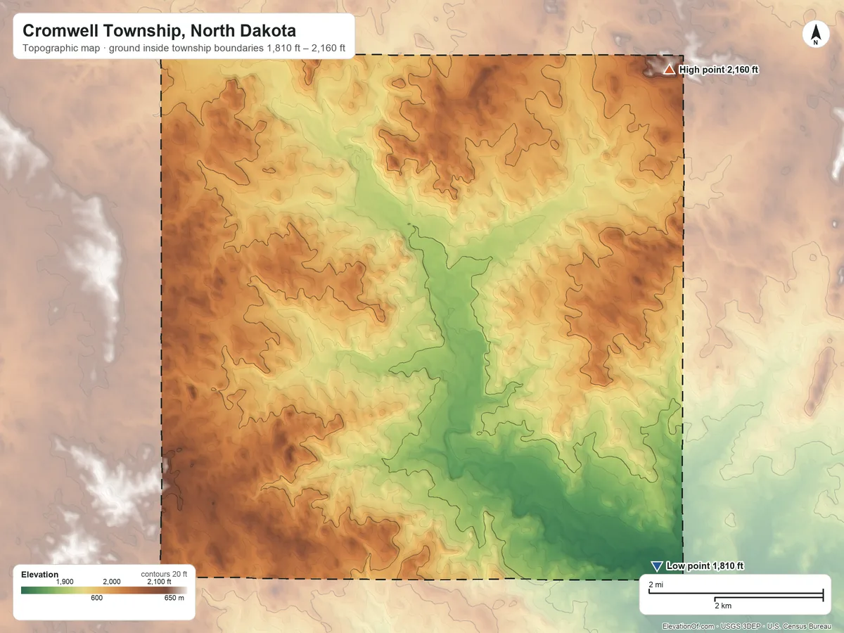 Topographic elevation map of Cromwell Township, North Dakota, shaded from 1,810 ft on the southeast side to 2,160 ft on the northeast side
