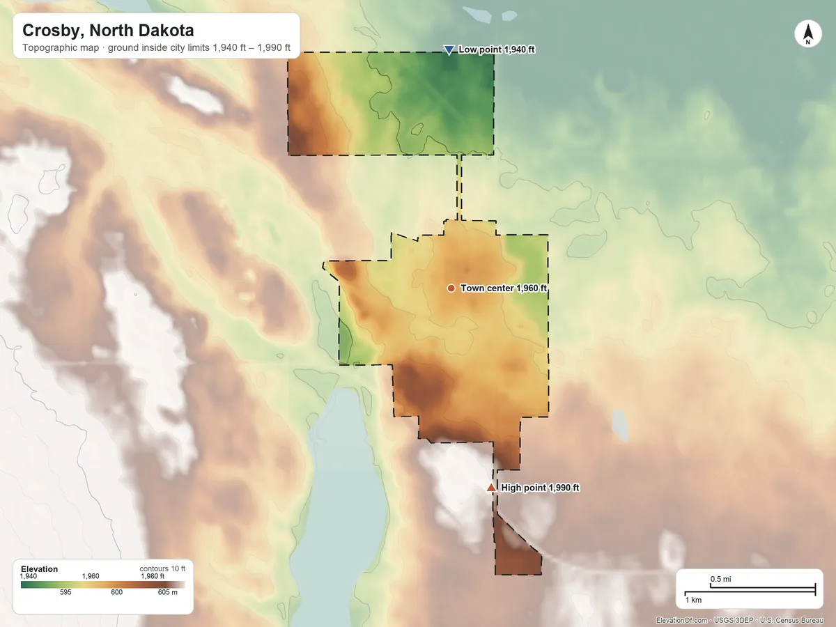 Topographic elevation map of Crosby, North Dakota, shaded from 1,940 ft on the north side to 1,990 ft on the south side
