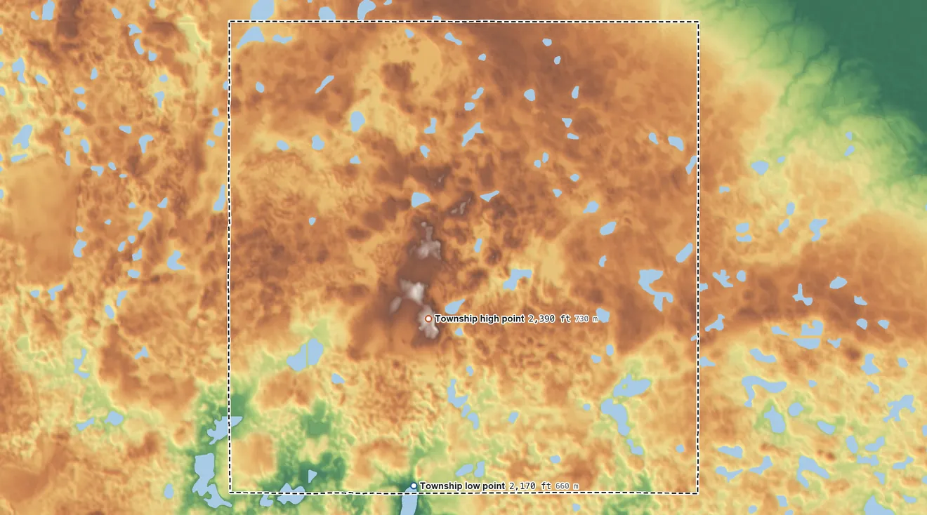 Topographic elevation map of Crowfoot Township, North Dakota, shaded from 2,170 ft on the south side to 2,390 ft on the south side