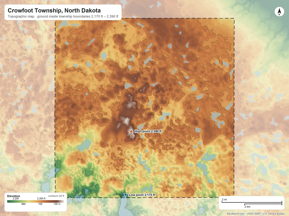 Topographic elevation map of Crowfoot Township, North Dakota, shaded from 2,170 ft on the south side to 2,390 ft on the south side